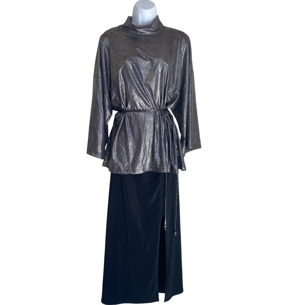 Y2K Metallic Silver Tunic Women Avant Garde Disco Glam Plus Size 16 Blouse Party